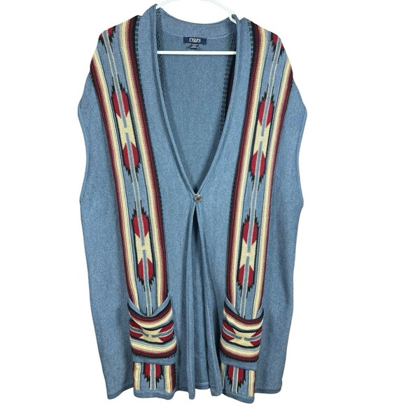 Vintage Chaps Denim Vest Women’s 2X‎ Southwest Aztec Knit Boho Western Layering - Picture 1 of 13